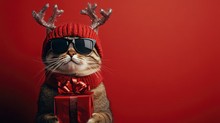 A charming cat dressed in a festive red hat and sunglasses holds a beautifully wrapped gift box against a vibrant red backdrop. Perfect for holiday themes!の素材