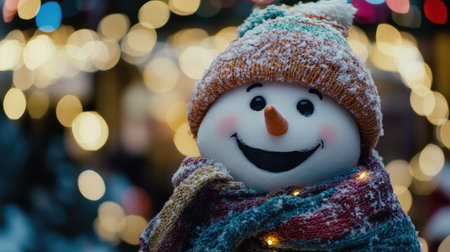 This charming snowman wears a colorful scarf and a warm smile, surrounded by twinkling lights in a festive winter scene, perfect for holiday themes.の素材