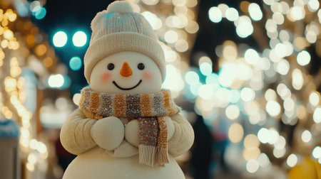A cheerful snowman stands smiling amidst a backdrop of twinkling Christmas lights. This festive scene captures the warmth and joy of the holiday season beautifully.の素材