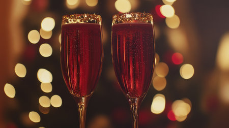 Two elegant glasses filled with bubbly red drink are showcased against a backdrop of festive Christmas lights, creating a warm and joyful atmosphere.の素材