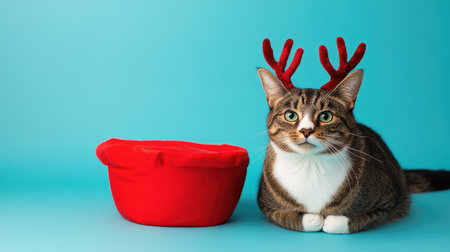 A charming tabby cat with festive reindeer antlers rests beside a red bed against a vibrant blue background, capturing the essence of holiday cheer and feline charm.の素材