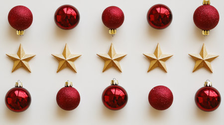 A festive arrangement featuring red Christmas ornaments and golden stars on a clean white background. Perfect for capturing the holiday spirit and seasonal joy.の素材