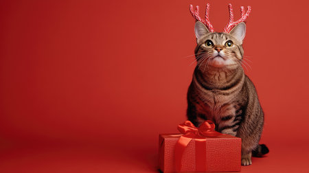 A playful cat wearing antlers sits beside a brightly wrapped gift, set against a vibrant red background, embodying the joyful spirit of the holiday season.の素材