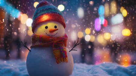 A cheerful snowman wearing a colorful hat and scarf stands happily in a snowy landscape, surrounded by softly glowing lights, capturing the essence of winter joy.の素材