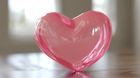 A visually striking pink heart shaped object resting on a wooden surface, reflecting soft light. Ideal for themes of love and warmth in creative projects.の素材