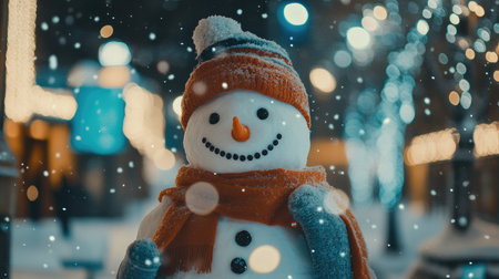A charming snowman stands proudly amidst a beautiful winter scene, illuminated by soft lights. Snowflakes gently fall, creating a magical holiday atmosphere.の素材