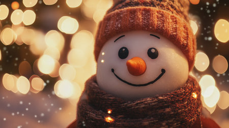 A cheerful snowman wearing a cozy scarf and hat, illuminated by soft, warm lights, embodies the spirit of the winter holidays and brings joy to any celebration.の素材