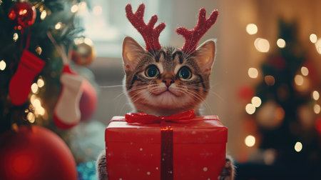 A charming cat with festive antlers sits beside a beautifully wrapped Christmas gift, bringing joy and warmth to the holiday season in a cozy setting.の素材
