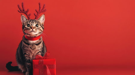A charming cat wearing festive antlers sits beside a beautifully wrapped gift box against a vibrant red background, perfect for holiday themes.の素材