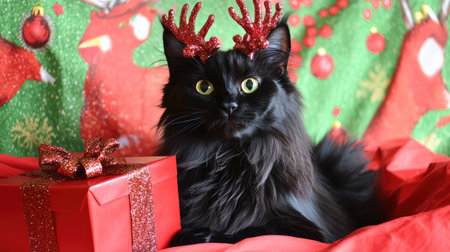 A charming black cat dons festive antlers and poses with colorful gifts, embodying the joy and warmth of the holiday season in a cozy indoor setting.の素材