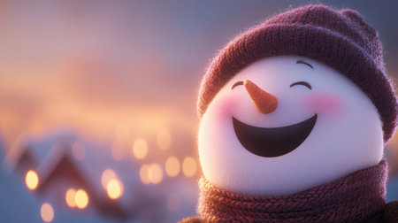 A delightful snowman with a joyful smile stands in a winter scene, surrounded by soft glowing lights. Perfect representation of winter happiness and festive spirit.の素材