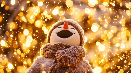 A cheerful snowman with a bright smile wears a cozy scarf, immersed in a magical winter atmosphere filled with sparkling lights and joy.の素材