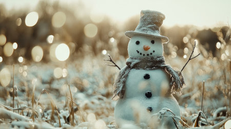 A delightful snowman with a smiling face stands proudly in a snowy field, surrounded by a warm glow of sunlight and soft bokeh, capturing the essence of winter joy.の素材