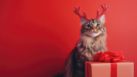Adorable cat with festive antlers poses beside a gift on a vibrant red background, capturing the spirit of the joyful holiday season with charm and warmth.の素材