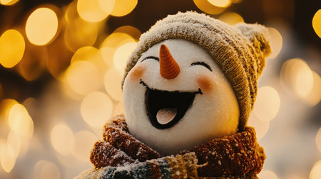 A cheerful snowman with a wide smile, wearing a cozy scarf, stands against a backdrop of shimmering bokeh lights. Perfect for winter-themed projects.の素材