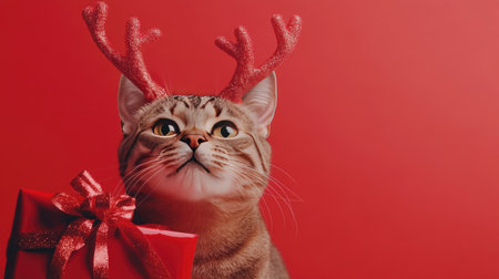 A charming cat wearing festive antlers looks up beside a beautifully wrapped Christmas gift. Its playful expression captures the spirit of the holiday season.の素材