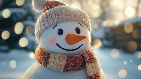 A charming snowman stands proudly in a snowy landscape, wearing a knitted hat and warm scarf. Soft bokeh lights create a magical atmosphere, perfect for winter themes.の素材
