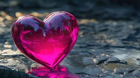 A stunning glass heart in vibrant pink sits elegantly on a natural surface, capturing light and reflections. This artistic piece symbolizes love and emotion.の素材