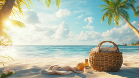 A peaceful beach scene featuring a wicker basket set on soft sand with palm trees. Ideal for conveying relaxation, travel, and tropical beauty.の素材
