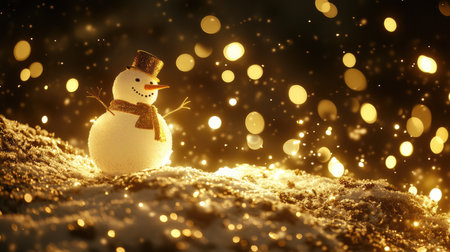 A charming snowman wearing a hat and scarf stands against a backdrop of glowing lights, creating a festive and magical atmosphere perfect for winter celebrations.の素材