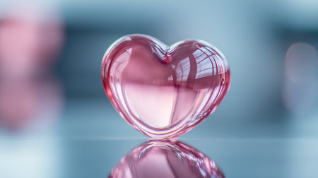 A stunning glass heart sculpture resting on a reflective surface, showcasing a soft pink hue. This elegant piece symbolizes love and affection in a modern artistic style.の素材