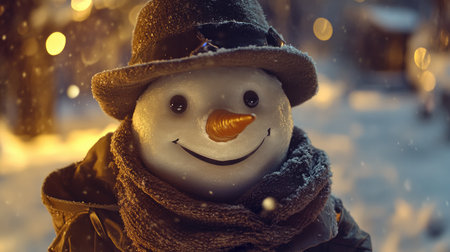A cheerful snowman smiles in a snowy wonderland, adorned with a hat and scarf. This delightful scene captures the essence of winter joy and holiday magic.の素材