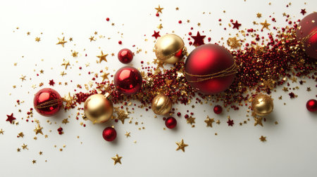 Explore a vibrant arrangement of red and gold Christmas ornaments scattered with glitter, creating a festive and cheerful holiday atmosphere on a clean white background.の素材