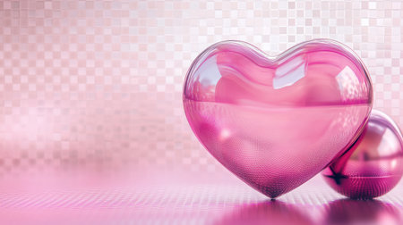 A shiny pink heart shape rests on a smooth surface, reflecting light. The soft gradient background adds depth and charm, making it ideal for various design projects.の素材