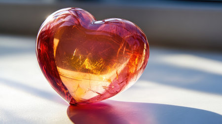 A stunning heart-shaped glass sculpture that captures light beautifully. This artwork reflects vibrant colors, making it perfect for romantic decor and gifts.の素材