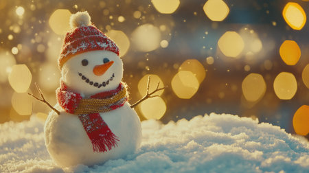 A charming snowman wearing a festive hat and scarf stands in a winter wonderland, surrounded by soft, sparkling snow, reflecting the joy of the holiday season.の素材
