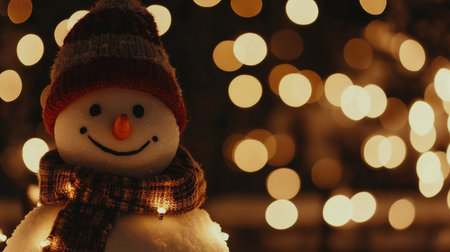 A cheerful snowman adorned with a warm scarf and a cozy hat stands amidst glowing Christmas lights, creating a magical winter scene filled with joy and celebration.の素材