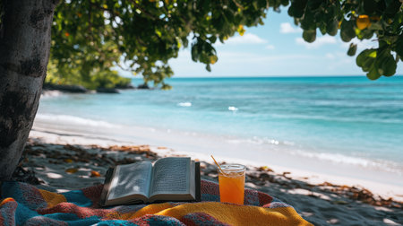 A tranquil beach scene featuring an open book and a refreshing drink on a colorful towel, framed by lush green leaves and the shimmering ocean.の素材