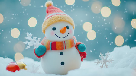A cheerful snowman stands in a snowy landscape, wearing a colorful hat and scarf, with festive decorations and a dreamy bokeh background, capturing the essence of winter joy.の素材