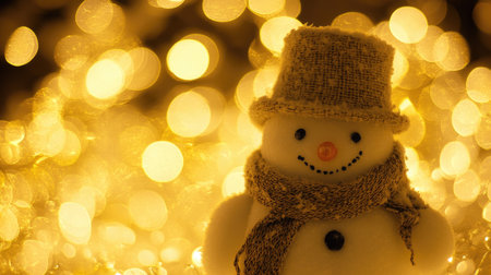 This delightful snowman features a warm hat and scarf, embodying the spirit of winter festivities, all against a dreamy backdrop of soft, glowing lights.の素材