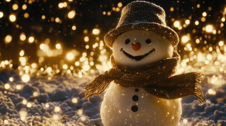 A charming snowman wearing a cozy hat and scarf stands amidst soft glowing lights. This enchanting winter scene evokes feelings of joy and festive spirit.の素材