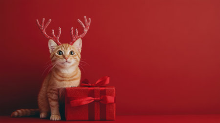 An adorable orange cat wearing reindeer antlers sits next to a festive red gift box, creating a joyful and playful holiday scene perfect for seasonal themes.の素材