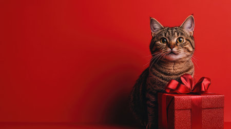 A charming cat poses beside a beautifully wrapped gift box on a striking red background, capturing the spirit of joy and warmth in festive celebrations.の素材