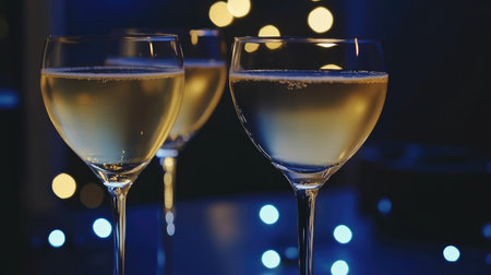 Three elegant champagne glasses filled with bubbly drink, set against a backdrop of soft, out-of-focus lights, creating a festive and joyful atmosphere for celebrations.の素材