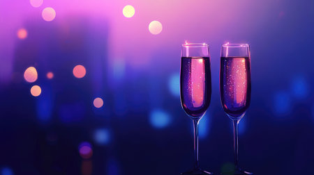 Two elegant champagne glasses filled with sparkling drink create a romantic setting. The purple bokeh lights in the background enhance the festive atmosphere, perfect for celebrating special moments.の素材