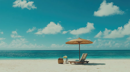 A serene beach scene featuring a lounge chair under a straw umbrella, inviting relaxation by the turquoise ocean. Ideal for vacation and getaway concepts.の素材