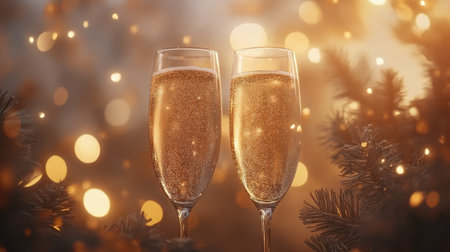 Two elegant champagne glasses filled with sparkling bubbles, set against a warm, bokeh-lit background, perfect for celebrating special moments and joyous occasions.の素材