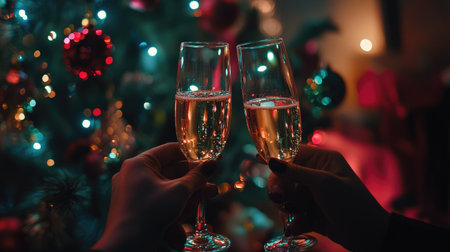 Two glasses of sparkling champagne toast in front of a beautifully decorated Christmas tree, reflecting the warmth and joy of a festive celebration.の素材