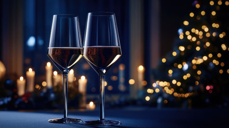 Two elegant wine glasses filled with sparkling drink sit on a table, surrounded by soft candlelight and festive decorations, creating a warm ambiance for celebration.の素材