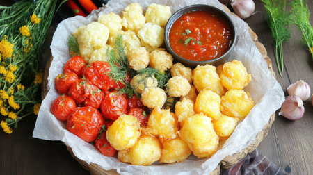 A vibrant platter features fried snack bites paired with a savory dipping sauce. Fresh herbs and colorful vegetables enhance the delightful presentation.の素材