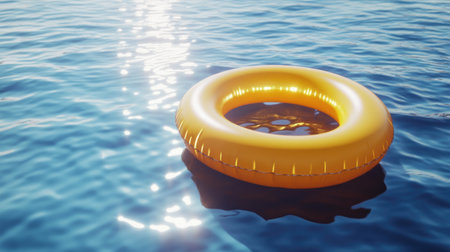 A bright orange life ring floats serenely on the calm blue water, reflecting sunlight, representing safety and leisure on summer days by the pool or beach.の素材