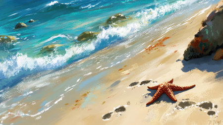 A vibrant starfish rests on sandy beach, surrounded by gentle waves and rocky formations, capturing a serene coastal scene perfect for summer relaxation.の素材