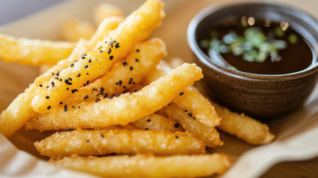 A plate of crispy golden french fries served with a rich dipping sauce. This delicious snack is perfect for sharing or enjoying on your own.の素材