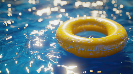 A vibrant yellow lifebuoy floats on a shimmering blue water surface, capturing the essence of summer and safety in a tranquil, refreshing scene.の素材