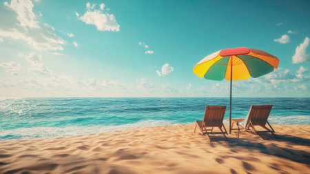 A beautiful beach scene featuring a vibrant umbrella and two empty lounge chairs on soft sand. Perfect for conveying relaxation and summer vibes.の素材