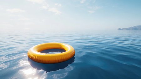 A bright yellow lifebuoy floats serenely on calm ocean waters under a clear blue sky, symbolizing safety and tranquility on a beautiful summer day.の素材